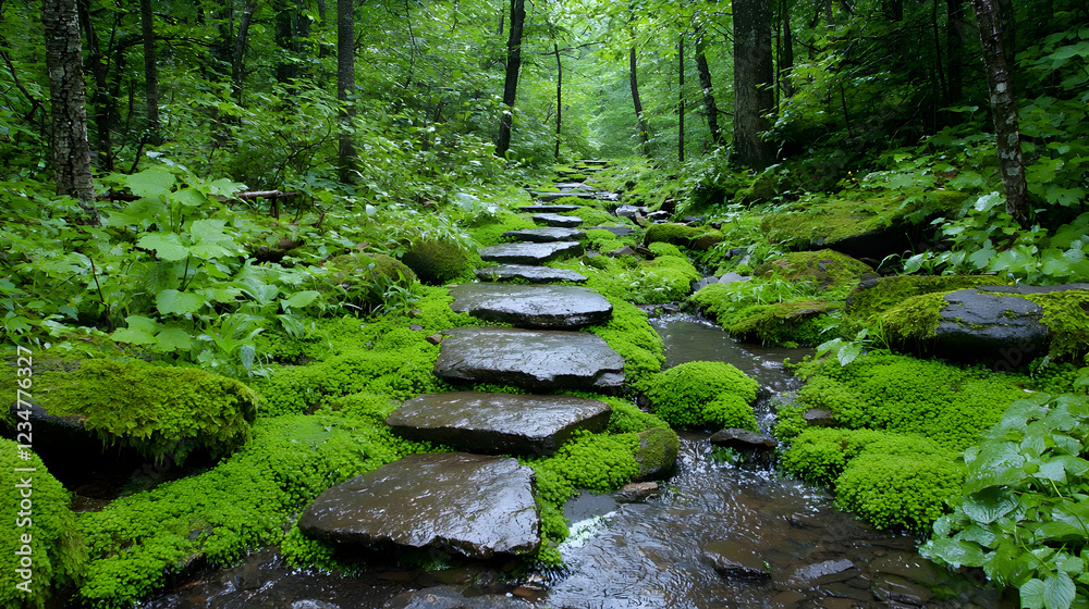 Fototapeta premium Stone path beside stream in lush forest