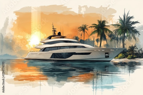 Luxury yacht anchored by a tranquil shore at sunset surrounded by palm trees