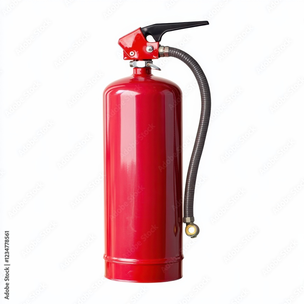 A red fire extinguisher with a black hose and a pressure gauge, isolated on a white background. Used for fire safety and emergency situations. A red fire extinguisher with a black hose and a pressure gauge, isolated on a white background. Used for fire safety and emergency situations.