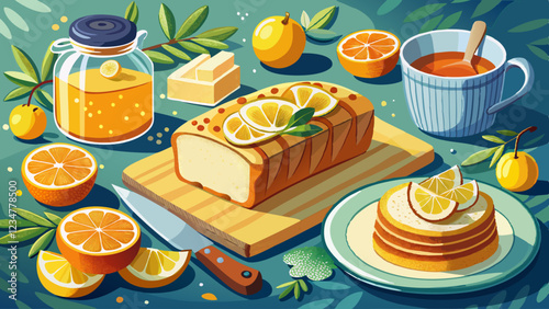 Homemade pound cake with lemon and jam. Traditional treat for tea. Citrus loaf cake. Selective focus