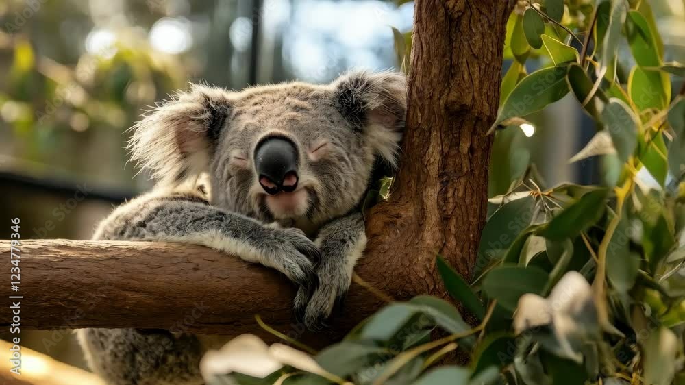 Relaxed koala among eucalyptus, calmly observing surroundings in sunlit habitat Relaxed koala among eucalyptus, calmly observing surroundings in sunlit habitat