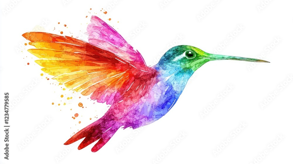 Obraz premium Rainbow Hummingbird in Flight, Watercolor Style, White Background, Nature Design