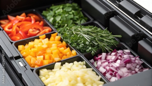 Modern food printing technology arranging chopped vegetables and herbs into compartments highlights the potential for automated meal preparation and customized culinary experiences photo