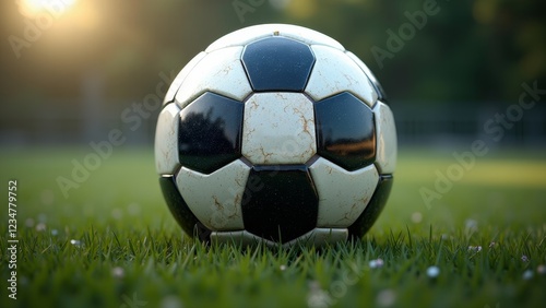 A classic black-and-white ball, marked with mud and grass stains photo