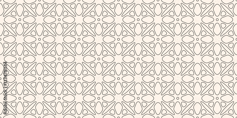 Black and white seamless pattern. Subtle outline vector geometric floral ornament. Abstract background texture with flower silhouettes, leaves, lattice, thin lines, tiles. Minimalist repeated design