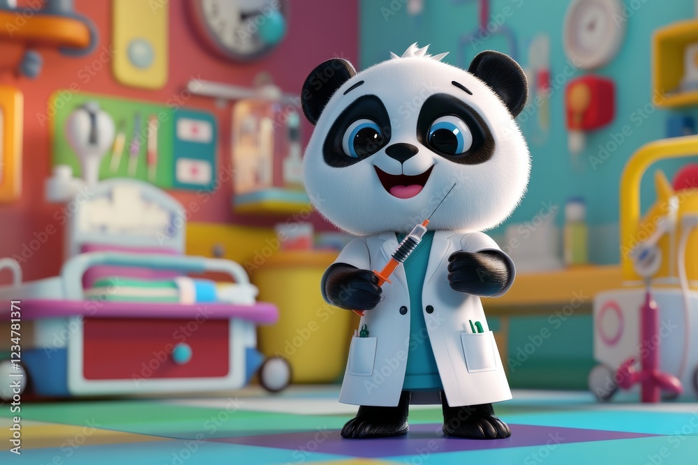Obraz premium Cute panda doctor character in colorful clinic