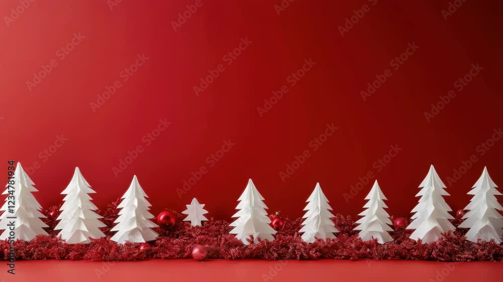 Festive red and white paper tree landscape with gentle camera pan Festive red and white paper tree landscape with gentle camera pan