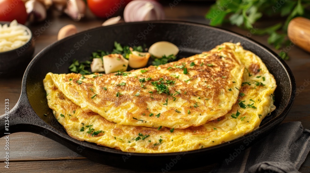 A Close-Up of a Golden Omelet with Parsley in a Cast Iron Skillet A Close-Up of a Golden Omelet with Parsley in a Cast Iron Skillet