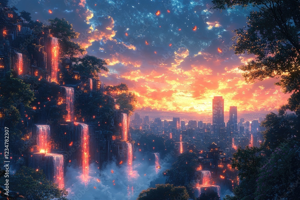 Fototapeta premium Glowing Waterfalls Cascade Over City Skyline at Sunset
