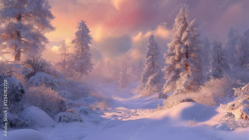 Enchanting winter forest at sunset with falling snow and mystical glow Enchanting winter forest at sunset with falling snow and mystical glow