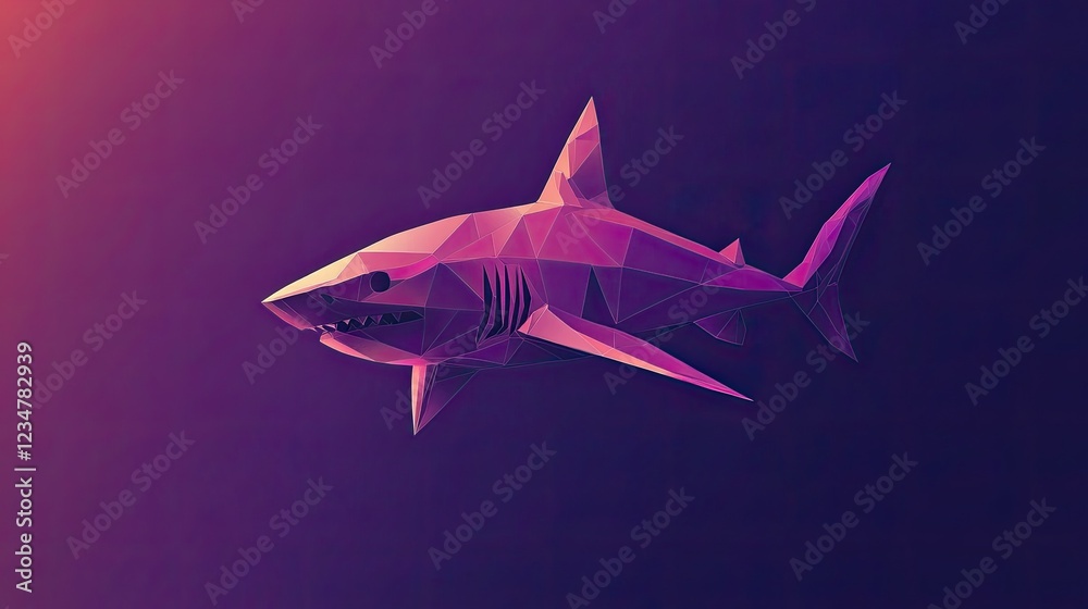 Fototapeta premium Low-poly shark swimming, purple gradient background, digital art, website banner