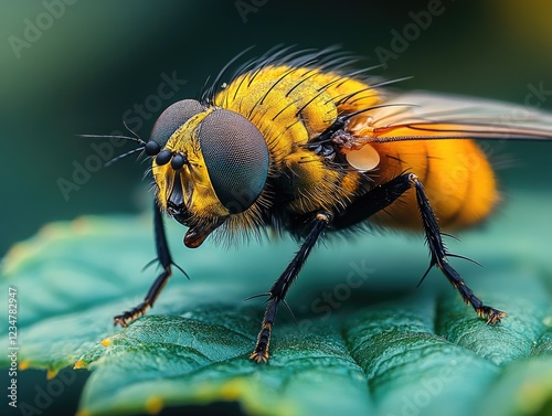 Close-up view of a yellow and black fly resting on a green leaf showing the details of its body photo