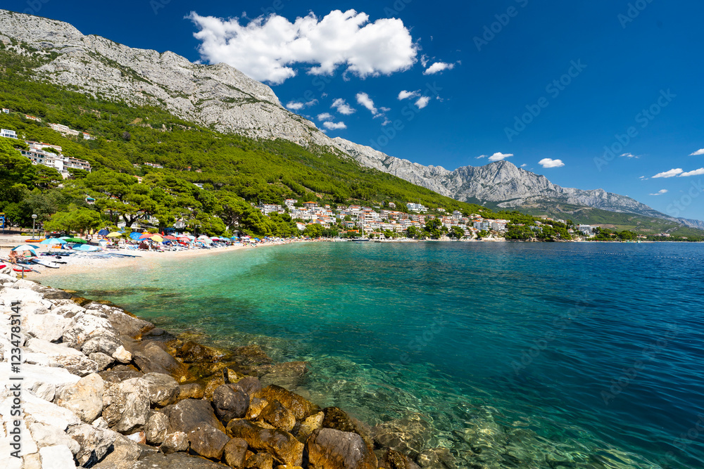 Fototapeta premium Croatia, Dalmatia, Brela - 10 august 2024 - View of Brela with sea and mountains