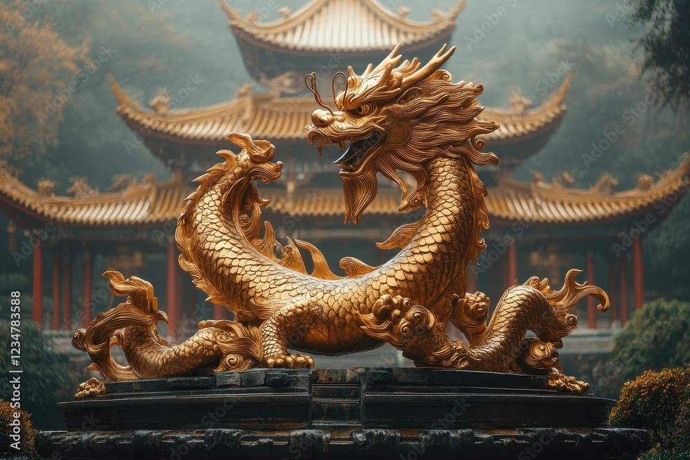 Obraz premium A majestic golden dragon statue in a serene temple setting.