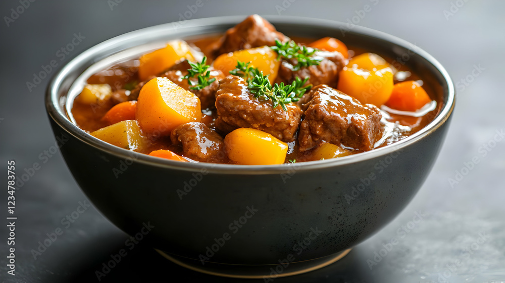 Beef stew in bowl, dark background, home cooking Beef stew in bowl, dark background, home cooking