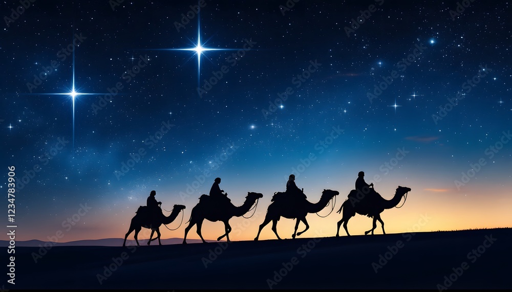 Wise Men Camel Caravan Under Starry Night Sky Wise Men Camel Caravan Under Starry Night Sky