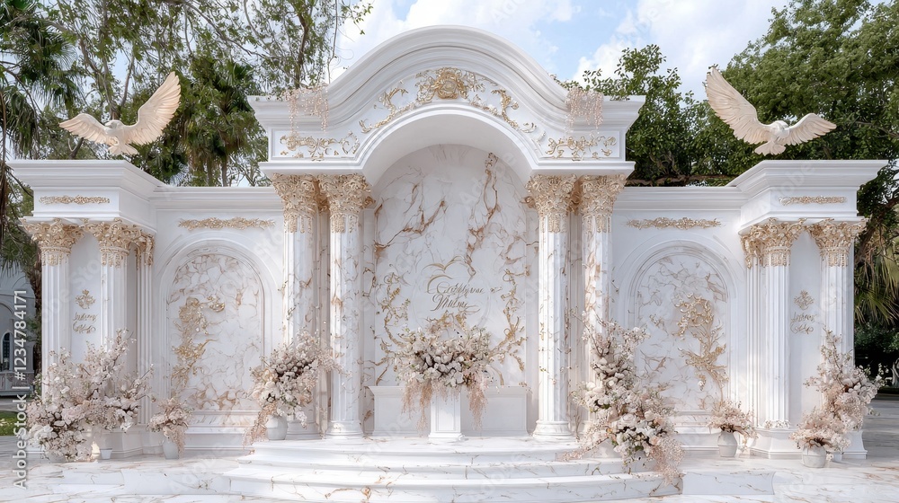 Obraz premium A white and gold wedding arch with two birds on top