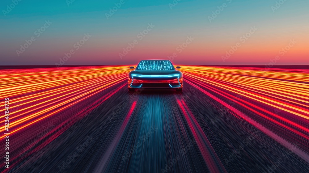 Naklejka premium Futuristic Car with Light Trails on Dark Highway Road