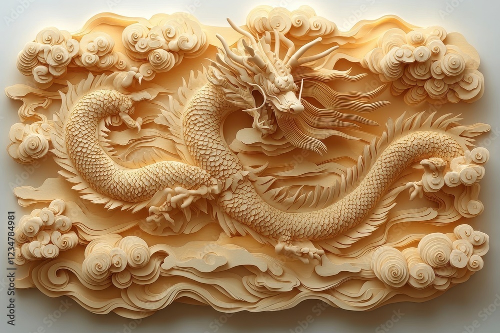 Intricate carving of a dragon amidst swirling clouds, showcasing artistry. Intricate carving of a dragon amidst swirling clouds, showcasing artistry.