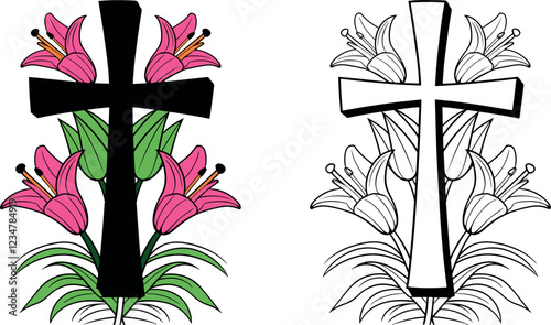 Easter lillies floral bouquet spring vector art illustration