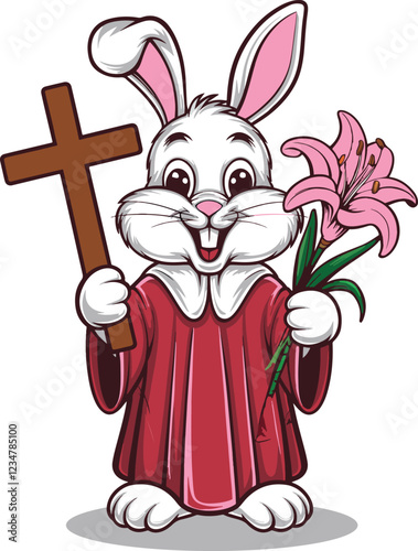 Funny rabbit holding easter lillies and christanity sign vector art illustration