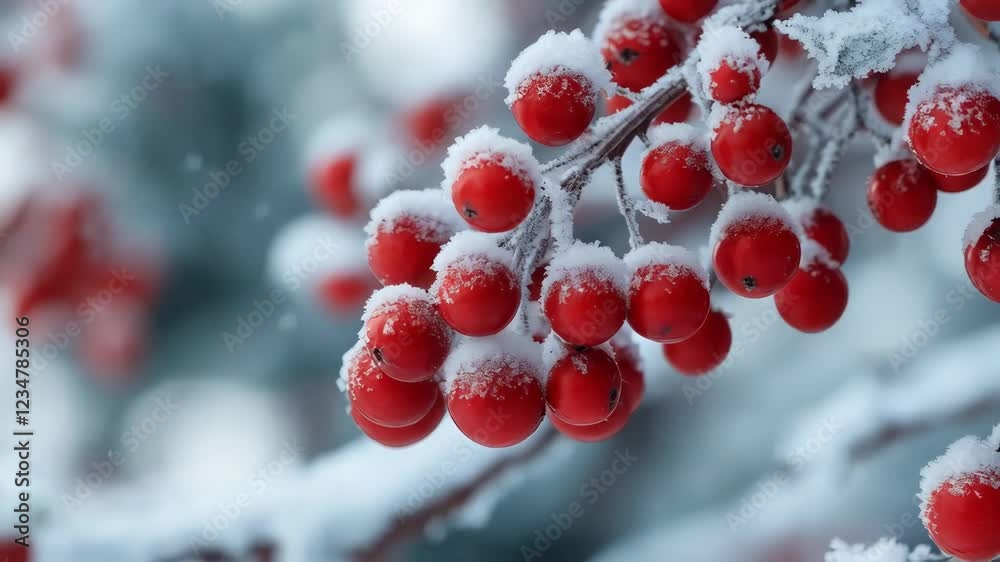 Snowcovered red berries swaying gently on a winter branch in cold breeze Snowcovered red berries swaying gently on a winter branch in cold breeze
