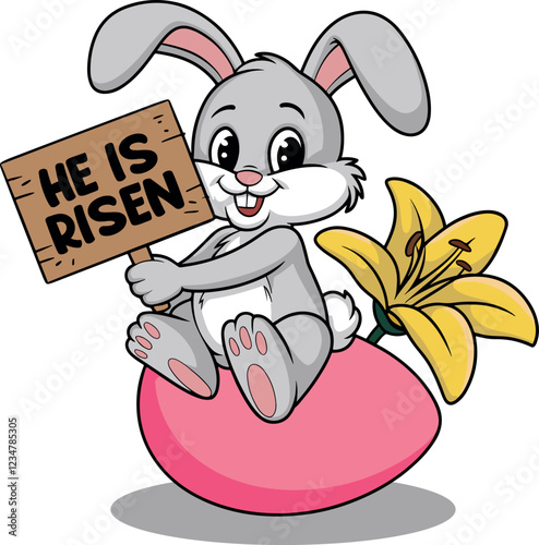 He is risen sign holding a cute bunny rabbit sitting easter eggs with lilly vector art illustration