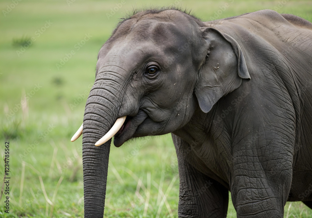 Fototapeta premium Adorable Baby Elephant in Lush Green Grass – Wildlife Photography