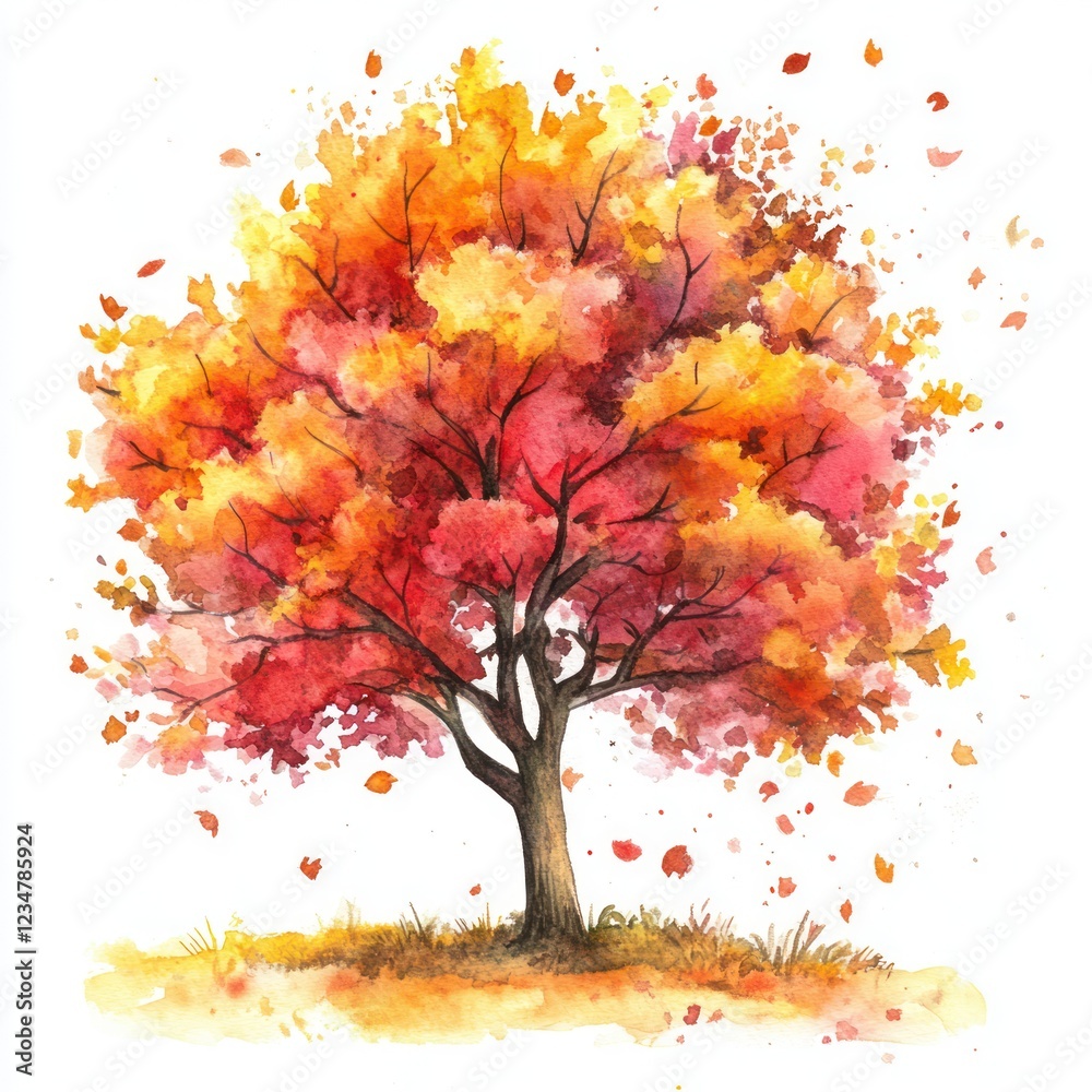Fototapeta premium Watercolor Painting of a Single Autumn Tree