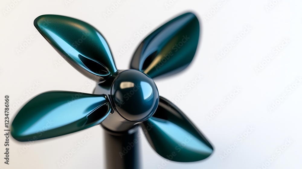 Close-Up of a Teal Metallic Four-Bladed Propeller on White Background Close-Up of a Teal Metallic Four-Bladed Propeller on White Background