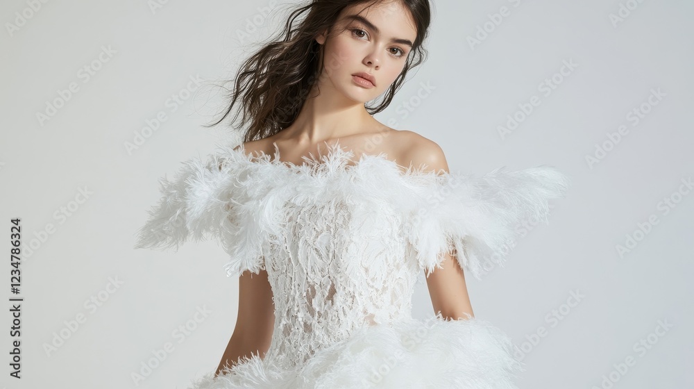 Elegant White Dress with Feather Accents on Model Elegant White Dress with Feather Accents on Model