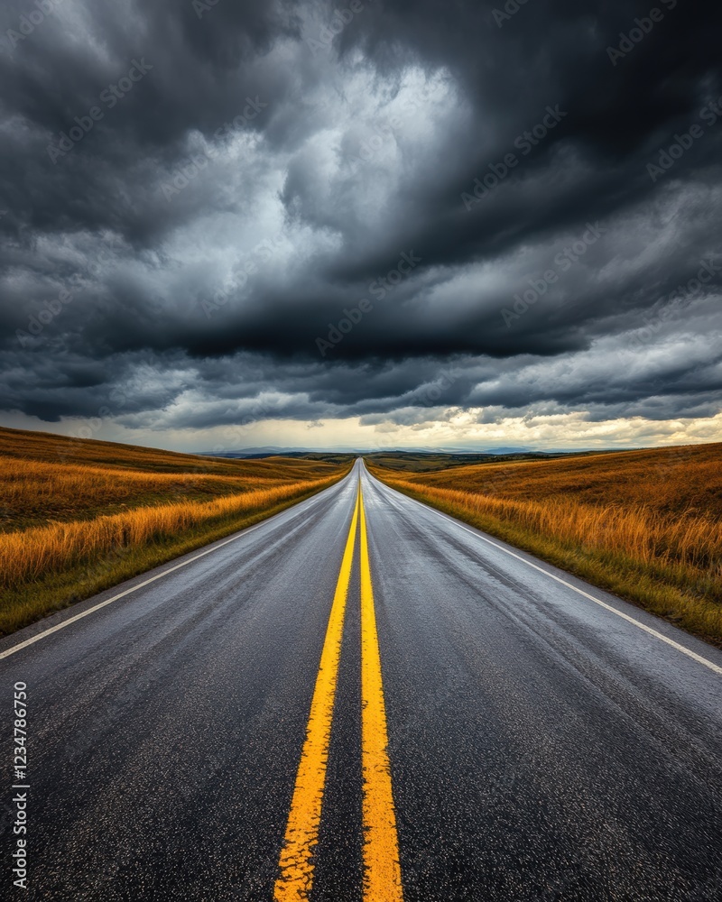 A desolate highway stretches towards the horizon, flanked by golden fields under a moody sky filled with dark clouds, evoking a sense of adventure and uncertainty. A desolate highway stretches towards the horizon, flanked by golden fields under a moody sky filled with dark clouds, evoking a sense of adventure and uncertainty.