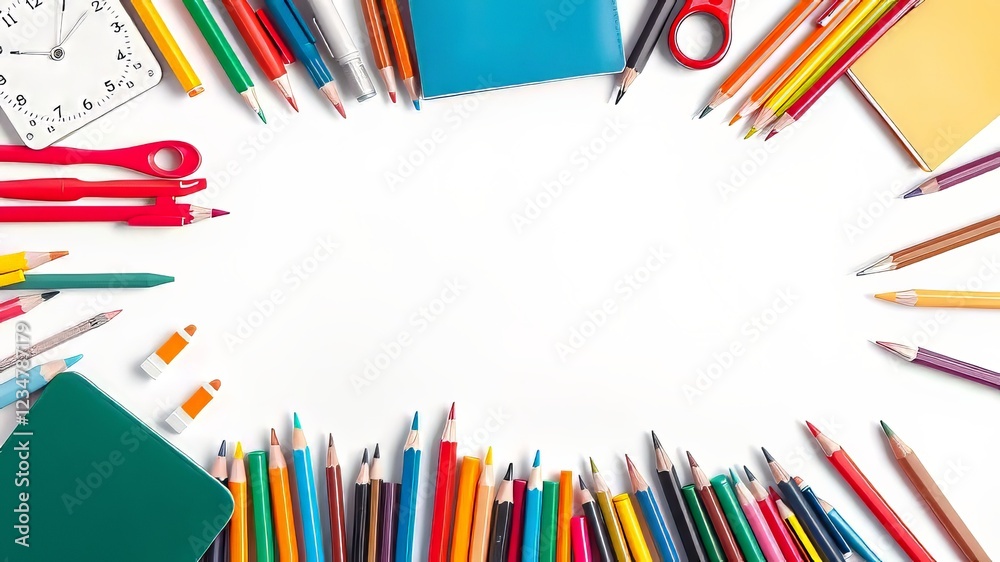 Fototapeta premium Colorful School Supplies Border - Back to School Top View
