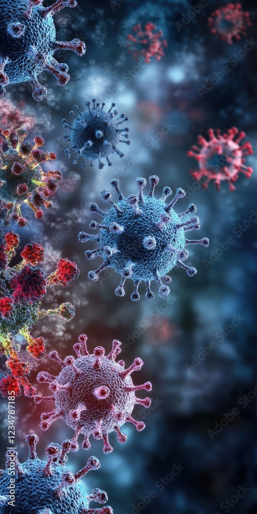 Obraz premium An intricate digital illustration showcasing various virus structures in vibrant colors, highlighting the complexity and diversity of viral forms in a captivating, microscopic perspective.