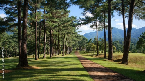 Pine forest. Caribbean pine (Pinus caribaea) trees are long row. Pine park at Boa kaeo silvicultural research station (Suan son bor kaeo), Chiang Mai, Thailand photo