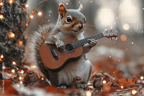 Squirrel standing and playing guitar