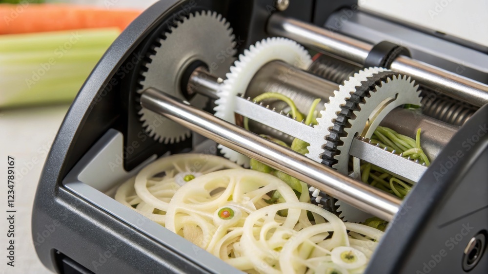 Fototapeta premium Modern food processor slicing potatoes and celery into thin slices and julienne strips, preparing ingredients for innovative food printing techniques