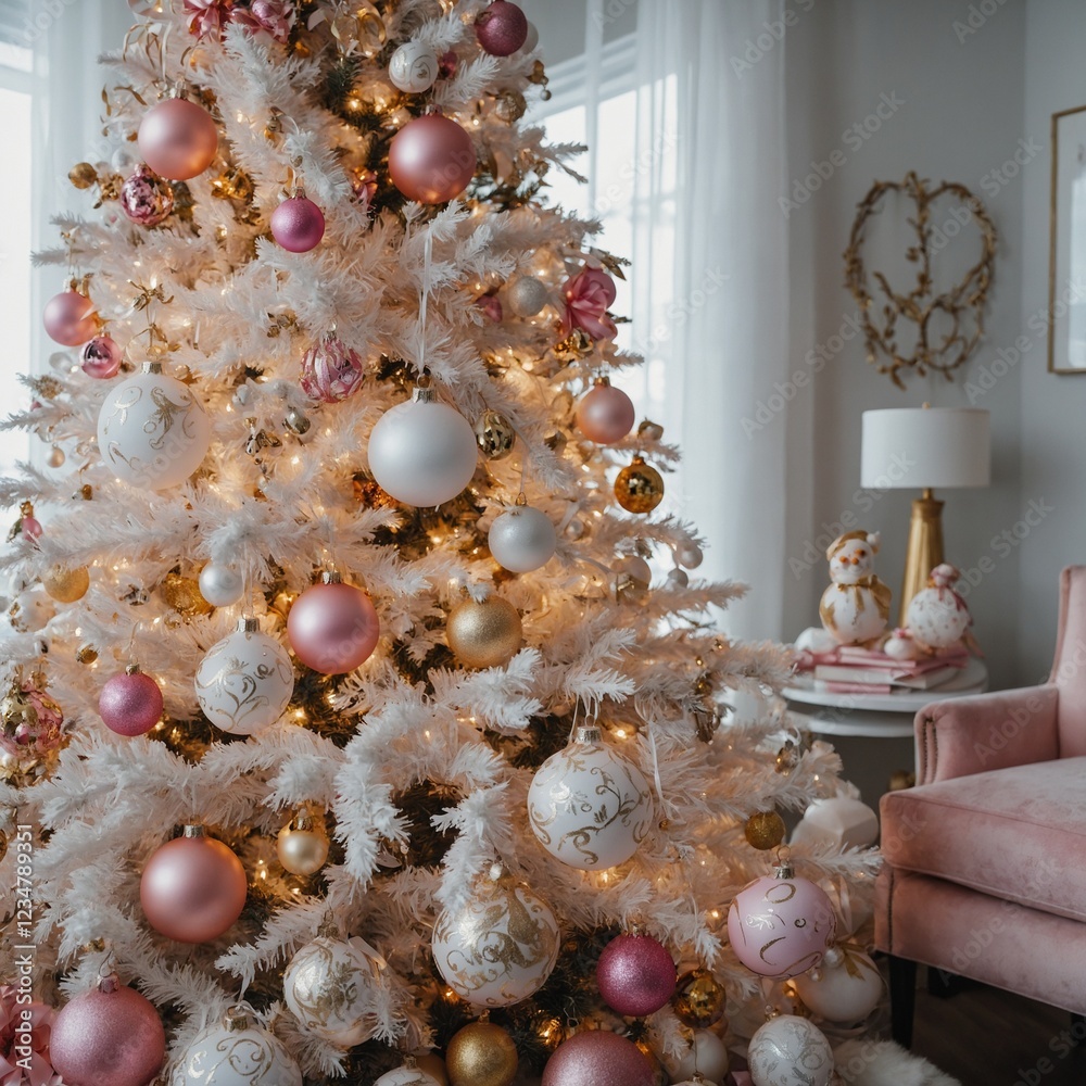Obraz premium A white Christmas tree decorated with pink and gold ornaments.