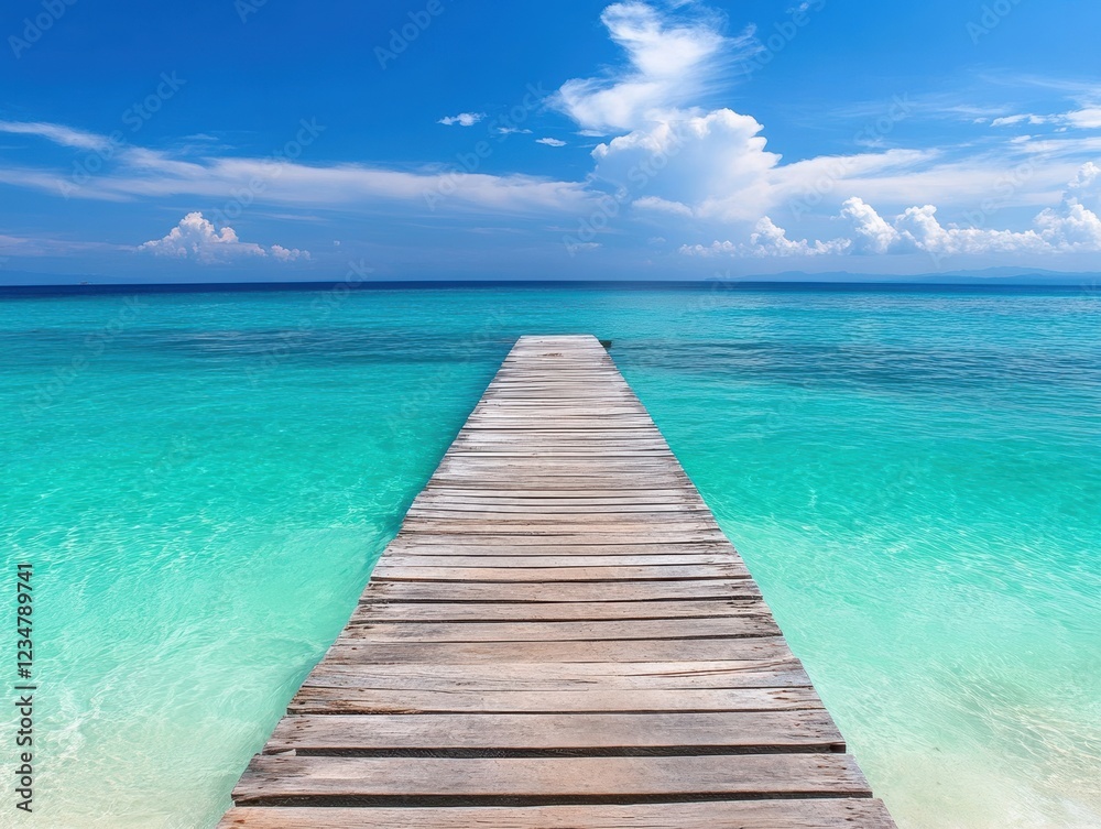 A stunning wooden pier extends into crystal-clear turquoise waters under a bright blue sky, creating a tranquil atmosphere perfect for relaxation and contemplation. A stunning wooden pier extends into crystal-clear turquoise waters under a bright blue sky, creating a tranquil atmosphere perfect for relaxation and contemplation.