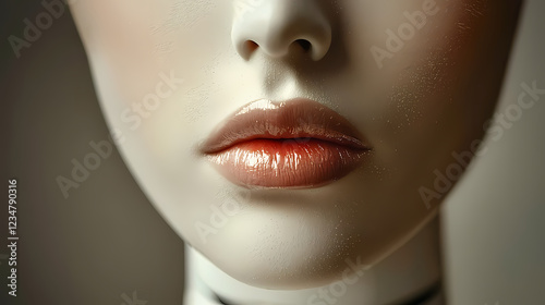 Lifelike mannequin face with glossy lips and smooth complexion, emphasizing reaic features and artistic makeup, suitable for fashion displays or photography art. photo