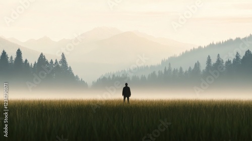 Wallpaper Mural Solitary figure in misty field, mountains background. Torontodigital.ca
