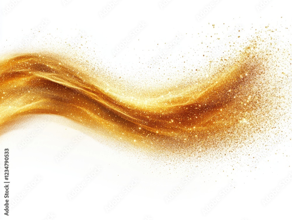 Fototapeta premium A swirling wave of golden sparkles and glitter on a white background.