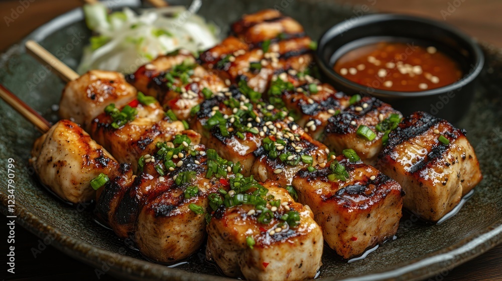 a serving of grilled chicken skewers that are well marinated with herbs and spices, garnished with chopped greens a serving of grilled chicken skewers that are well marinated with herbs and spices, garnished with chopped greens