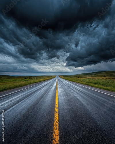 A dramatic view of a wet road stretching into the horizon, framed by dark, brooding clouds. photo