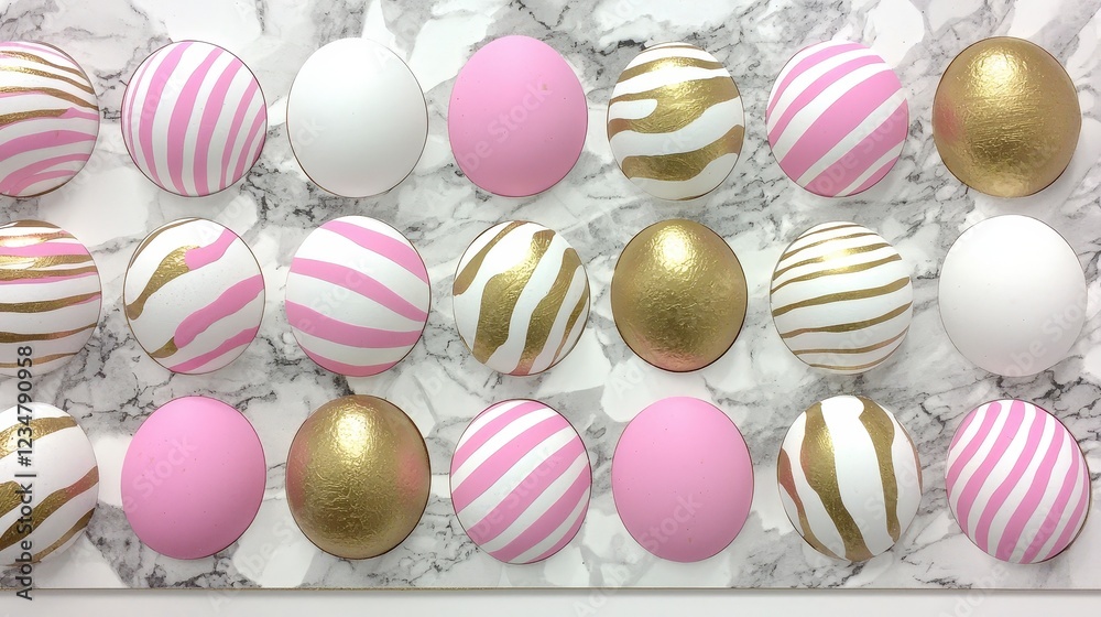 Fototapeta premium Decorative Easter Eggs in Pink, White, and Gold Patterns on Marble