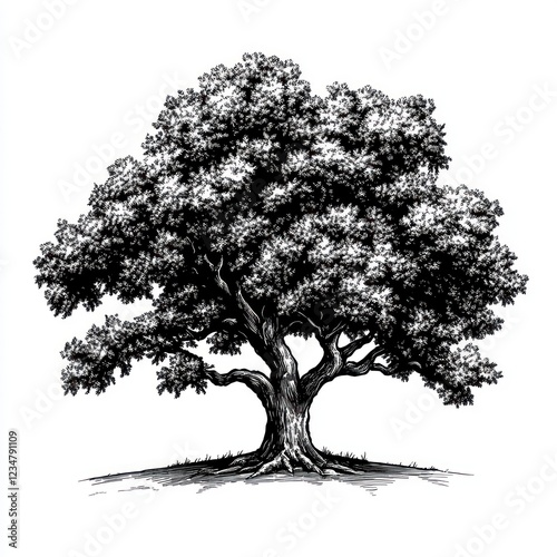 Majestic Oak Tree Ink Drawing Detailed Illustration photo