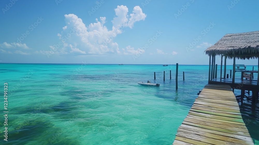 Fototapeta premium Wooden pier by tropical turquoise sea under clear blue sky