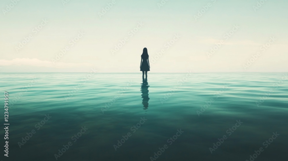 Solitary woman standing in calm water, reflecting on the horizon. Solitary woman standing in calm water, reflecting on the horizon.