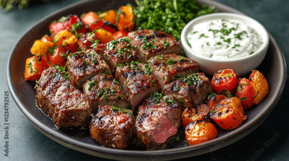 Tender and juicy lamb chops, marinated in garlic, rosemary, and olive oil, grilled to perfection and served with a side of roasted vegetables and a mint yogurt sauce Tender and juicy lamb chops, marinated in garlic, rosemary, and olive oil, grilled to perfection and served with a side of roasted vegetables and a mint yogurt sauce