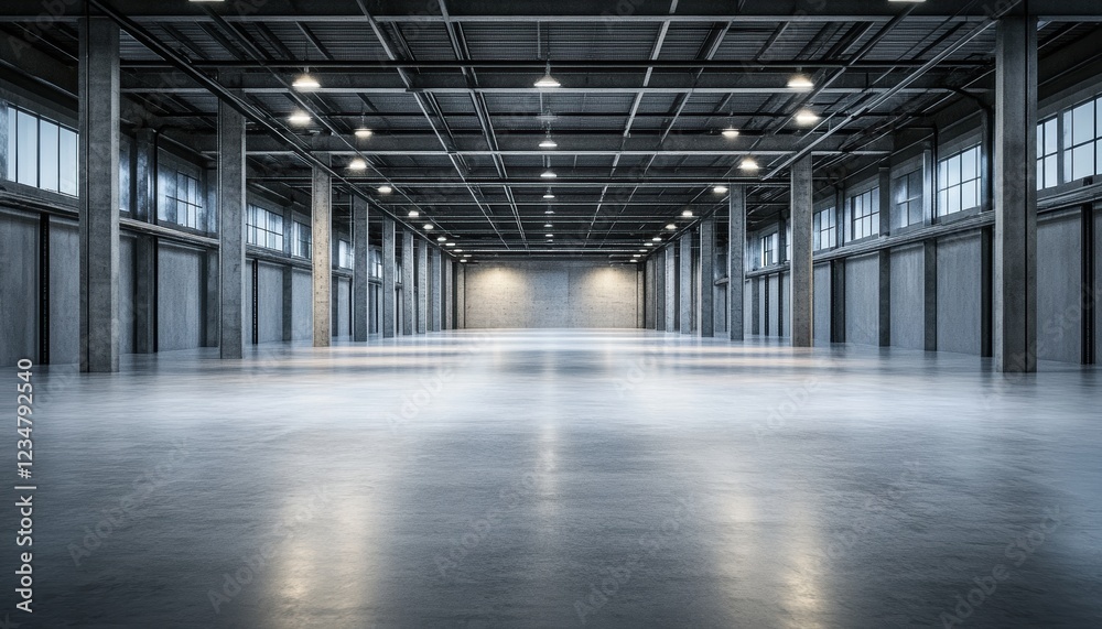 An expansive, modern industrial warehouse featuring polished concrete floors, large windows, and high ceilings. An expansive, modern industrial warehouse featuring polished concrete floors, large windows, and high ceilings.